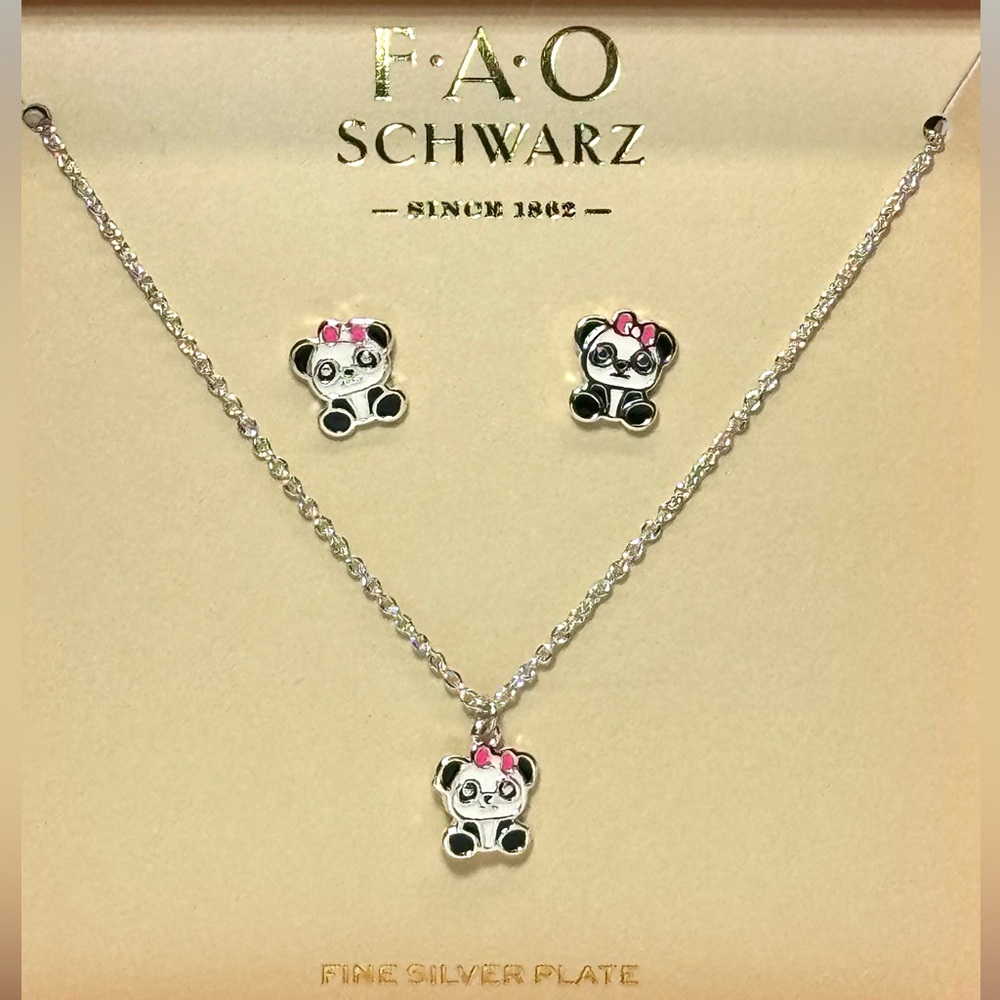 FAO Schwarz Fine Silver Plate Panda Earring Necklace Set